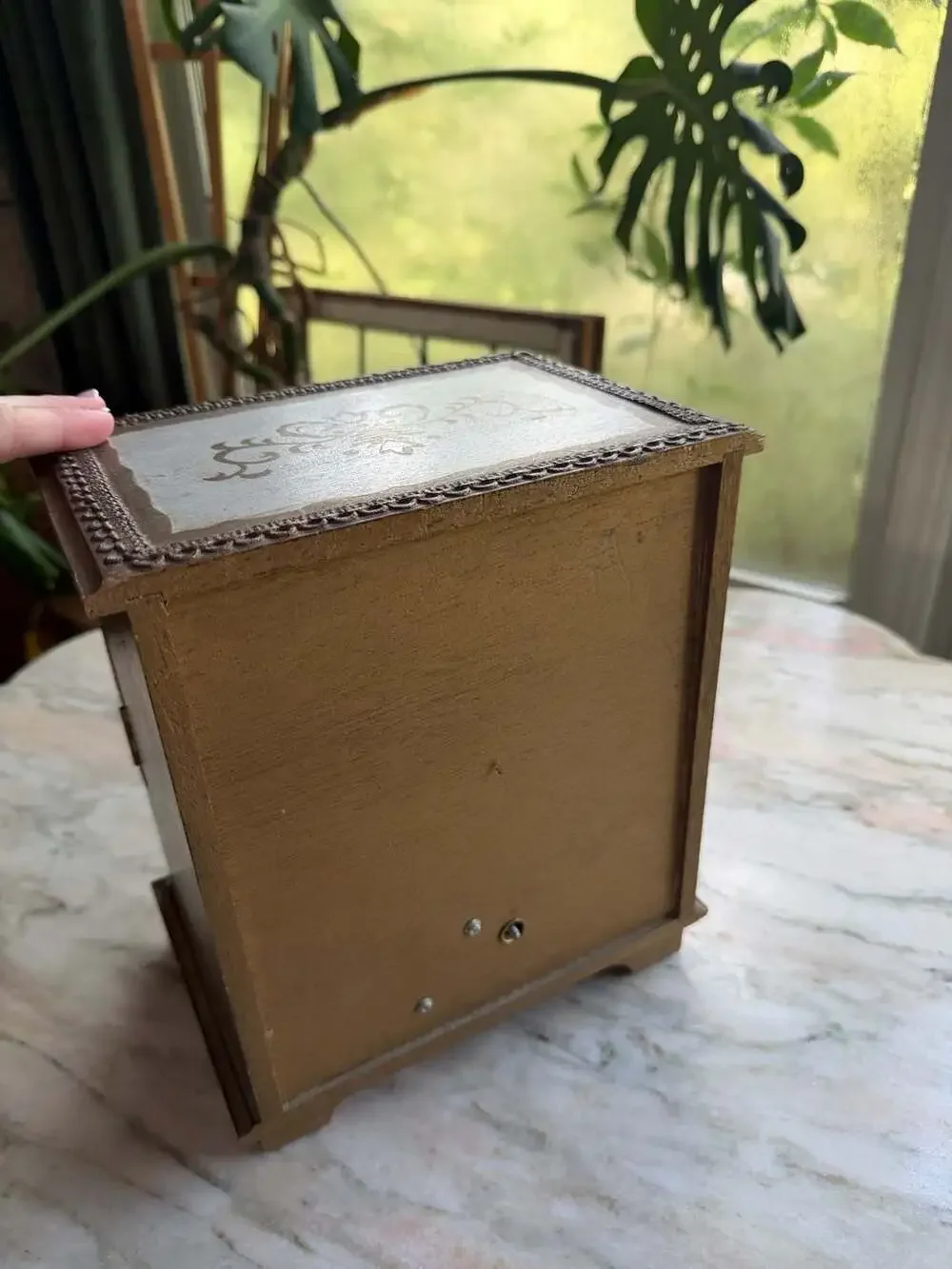 Vintage Florentine Wooden Miniature Armoire Jewelry Box with Romantic Scene Pane